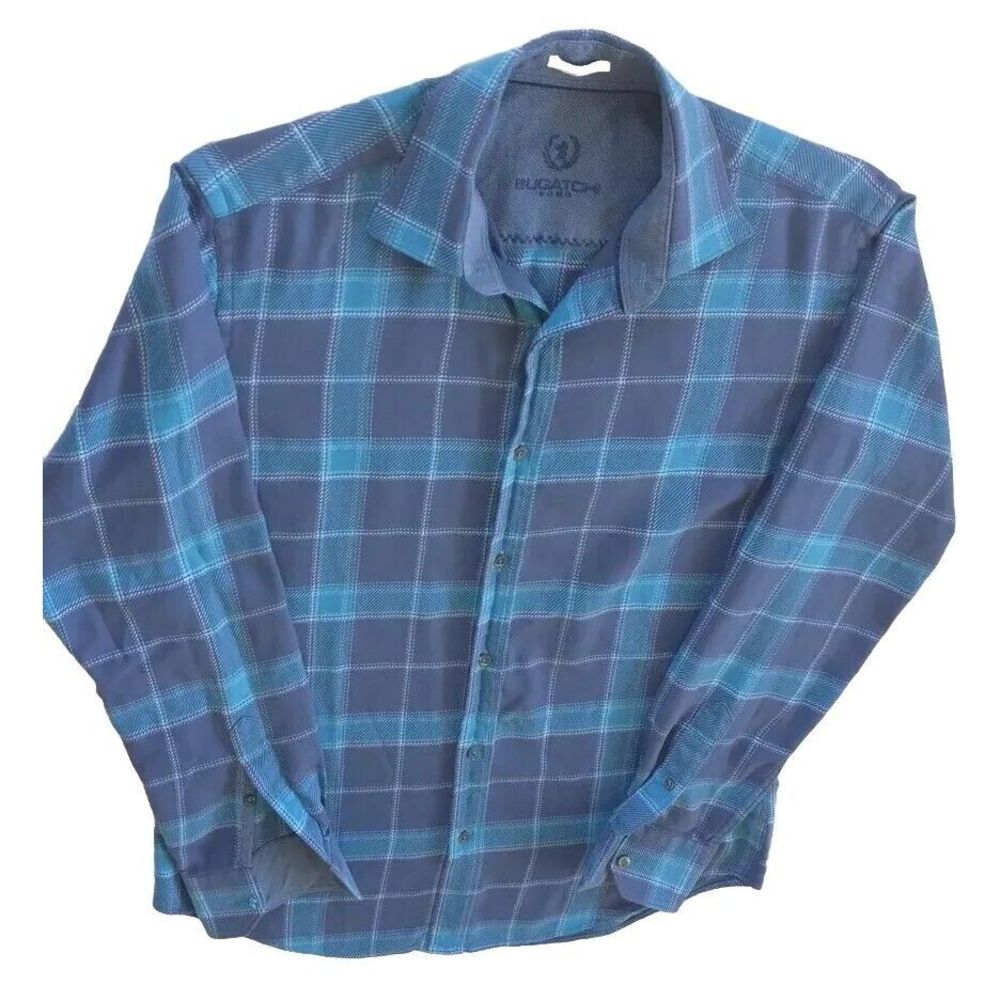 Bugatchi Oumo Men Medium Long-sleeved Button Up Shirt‎ Plaid Blue Embroider Logo